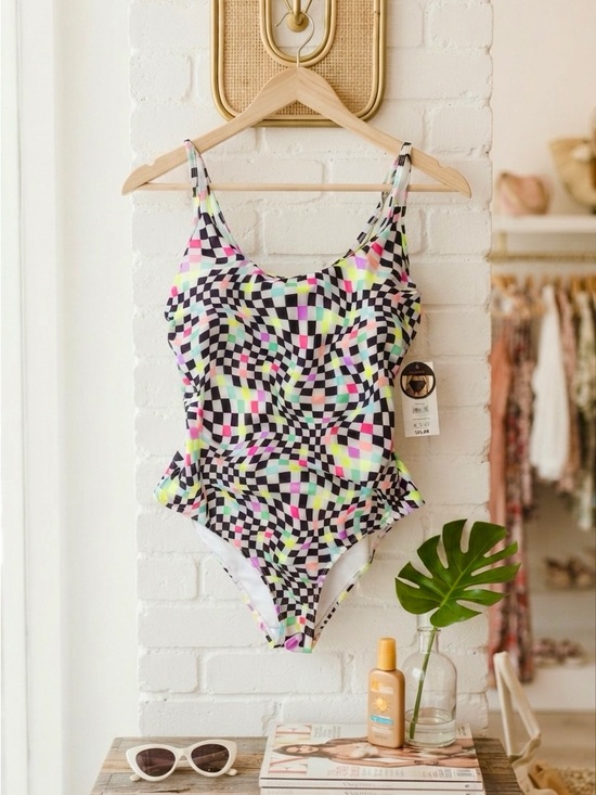 No Boundaries Other - No Boundaries Junior’s XL (15-17) Black Multi Neon Checkerboard One Piece Swim